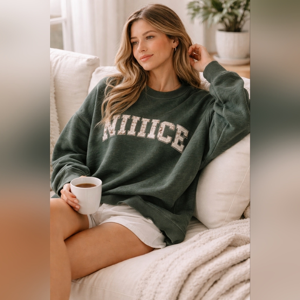 aerie Dark Green Relaxed Crewneck Sweatshirt with Graphic Logo